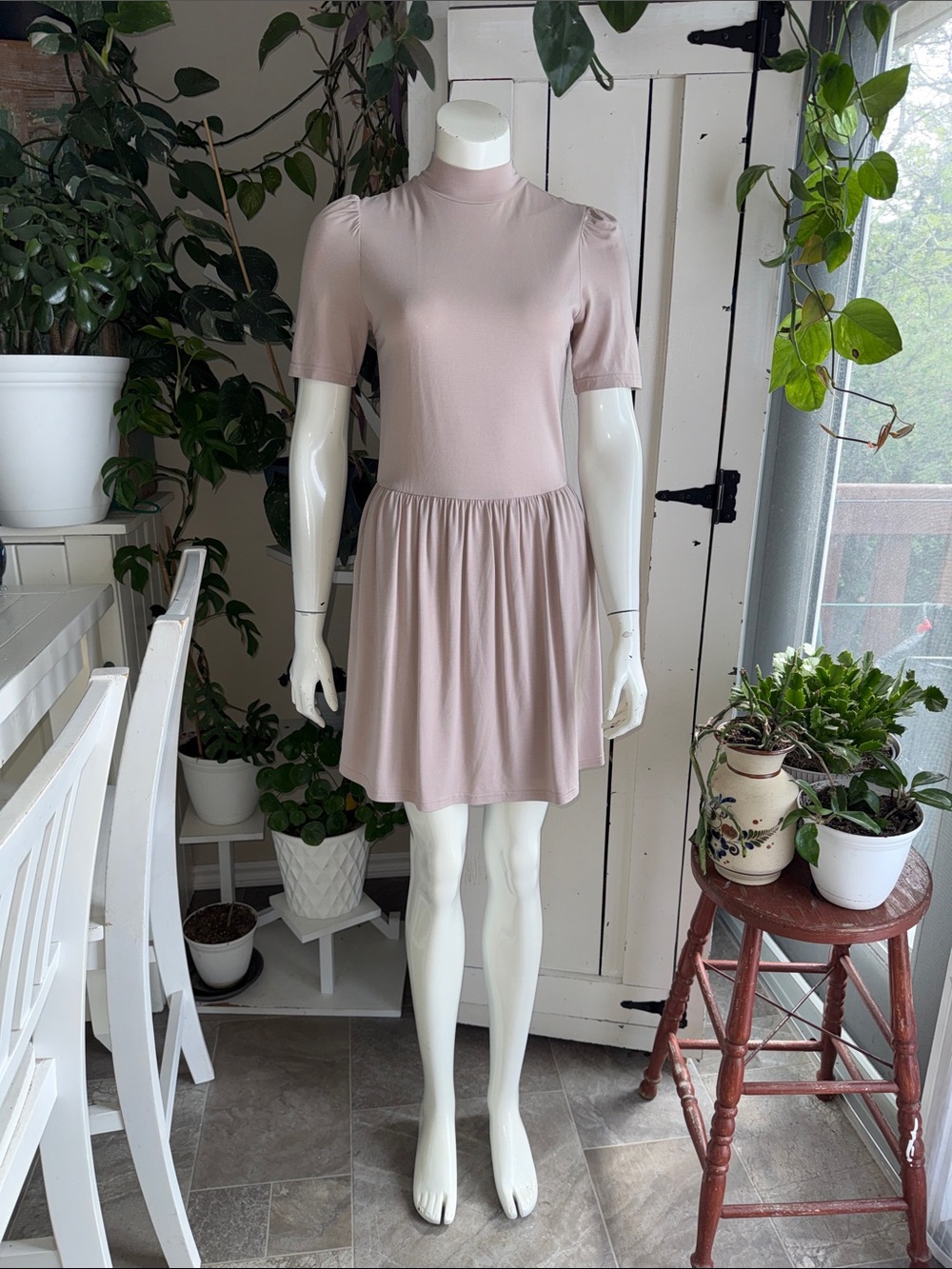 Priv Florence Dress Women's blush Mock Neck Short Sleeve mini Skater Dress S